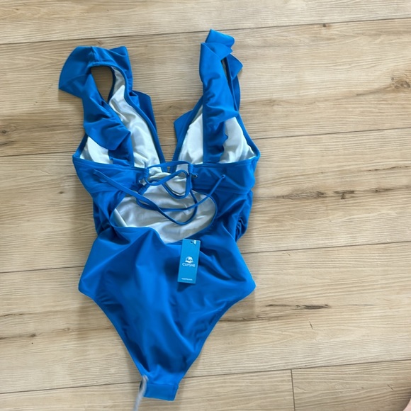 CUPSHE Women's Ruffled One Piece Swimsuit V Neck Lace Up, size L, Teal blue - Picture 5 of 8